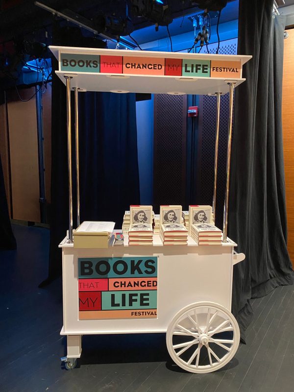 A cart with Ruth Franklin's The Many Lives of Anne Frank at the Books That Changed My Life event at the JCC in Manhattan on International Holocaust Remembrance Day