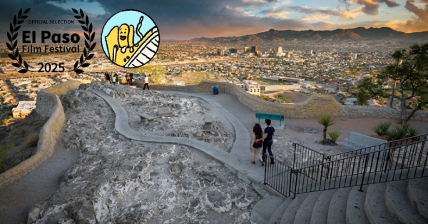 Shoe character from Chen Drachman's But I'm a Shoe starring Janet Varney, with El Paso views in the background and a laurel for the El Paso Film Festival