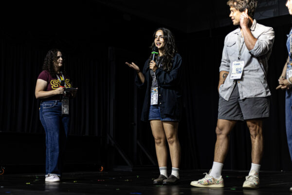 Chen Drachman moderating a short film block at the 2026 Waco Independent Film Festival, featuring Camille Ramos, Bob Morely and Eliza Taylor.